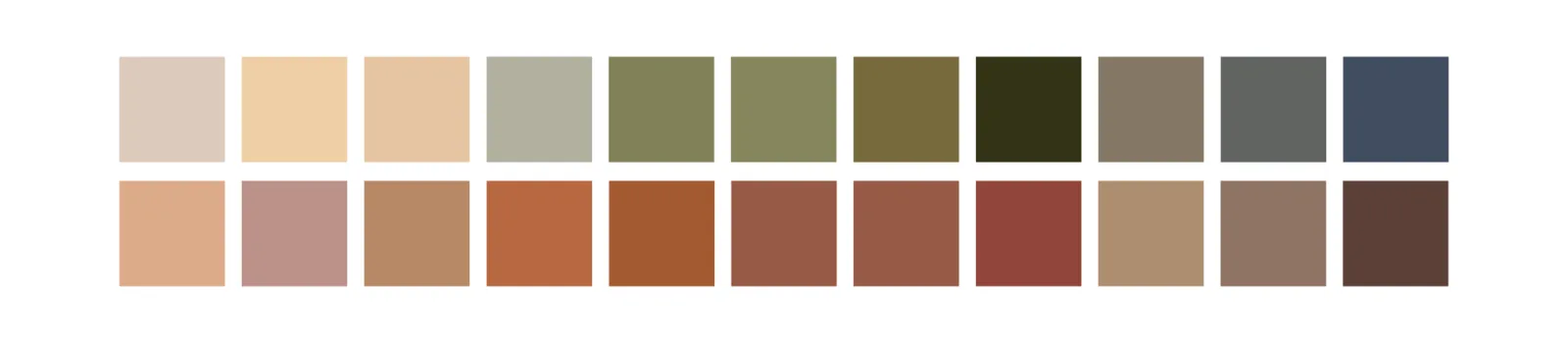 Nuancier des teintes pastel mat : échantillons beige, terracotta, vert et bleu