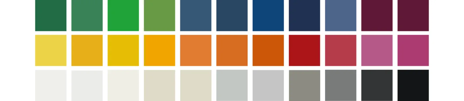 Nuancier des coloris standards laqués : échantillons verts, bleus, rouges, jaunes et gris