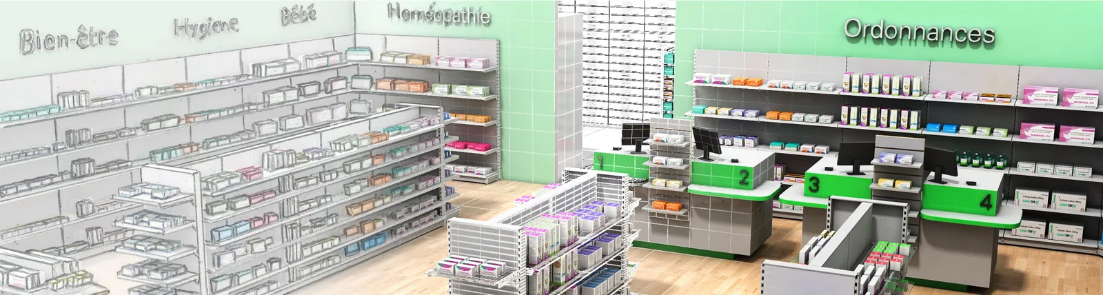 Du croquis au rendu 3D : implantation de pharmacie conçue par le bureau d'études Kollirama