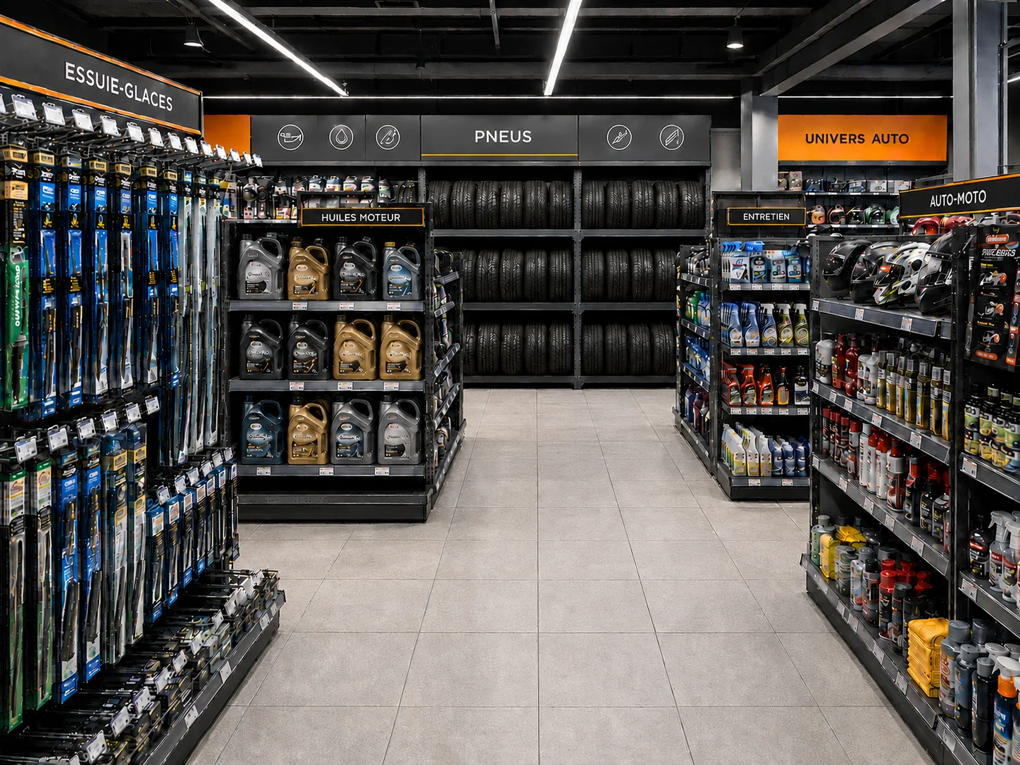 Rayon auto moto avec gondoles d’accessoires, bidons d’huile, produits d’entretien, casques et stockage de pneus