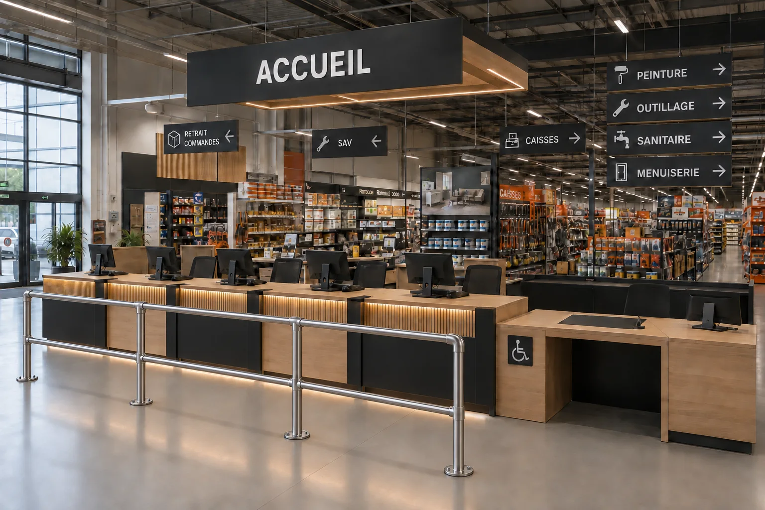 Banque d’accueil sur mesure avec signalétique et espace accessible dans un magasin