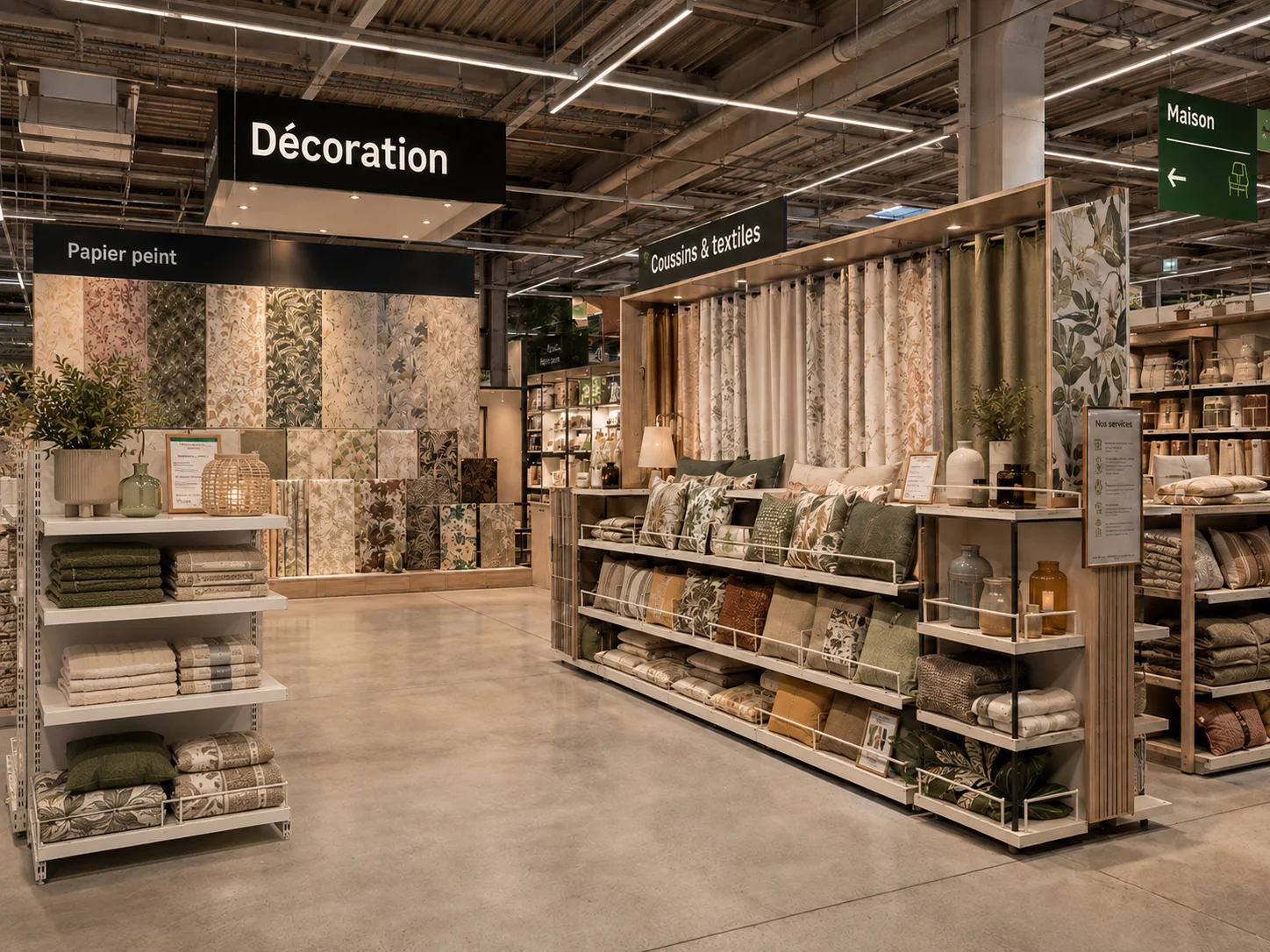 Rayon décoration avec présentoirs de papiers peints, textiles, coussins et accessoires pour la maison