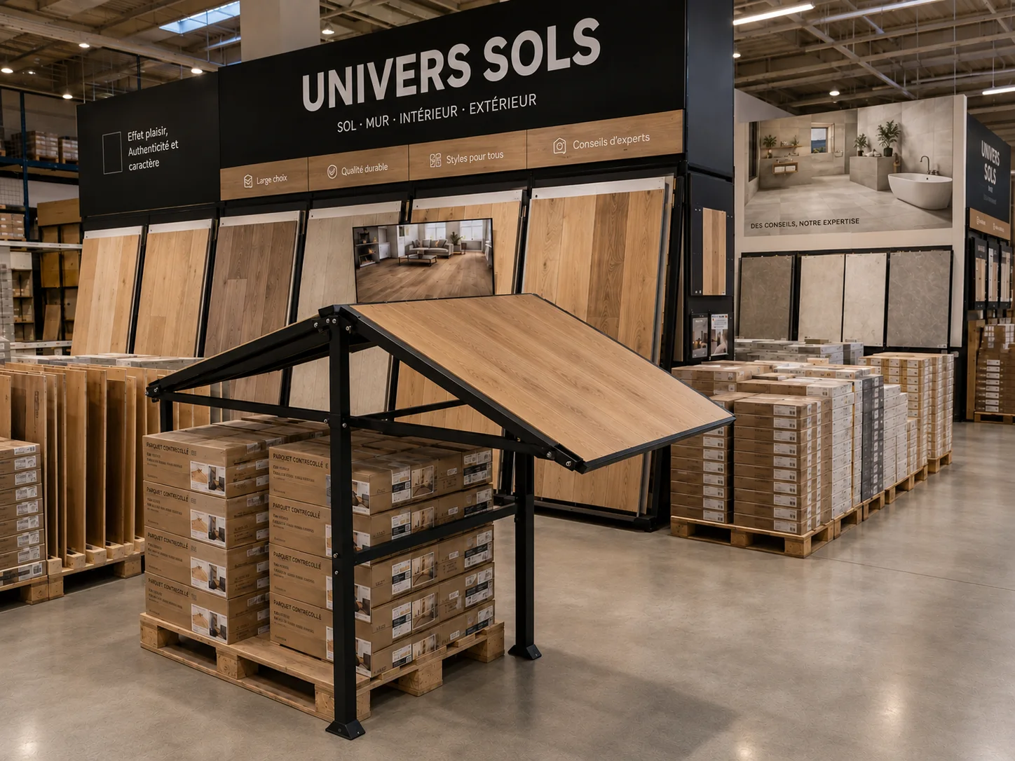 Showroom de sols avec présentoirs de parquet et carrelage sur rack et supports autoportants