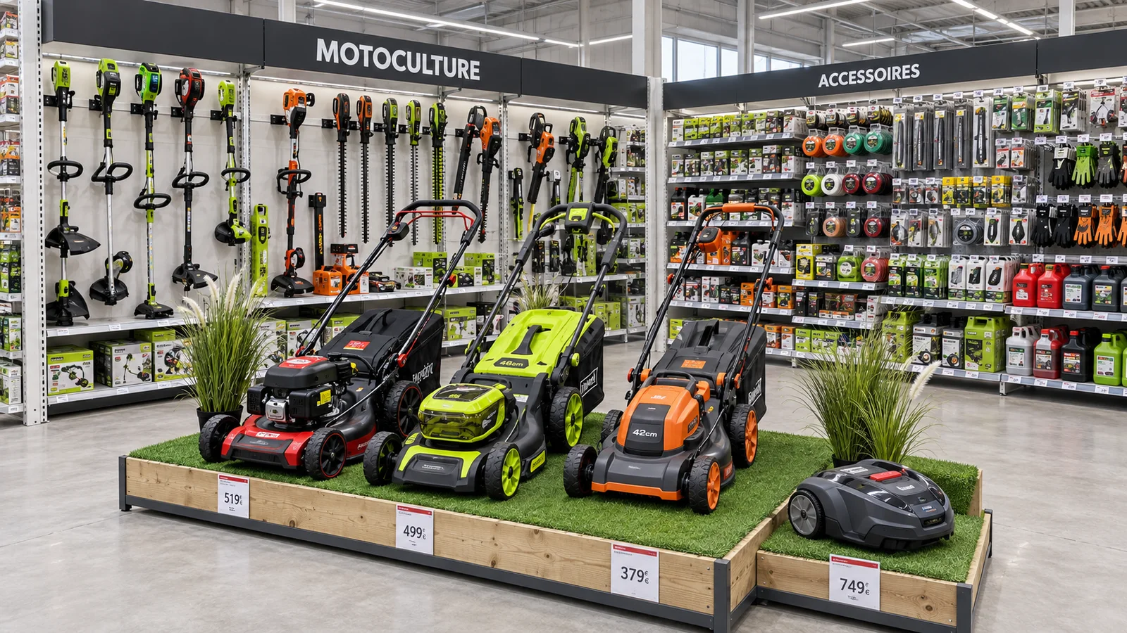 Rayon jardin avec gondoles d’outillage, accessoires et podium de tondeuses et robots de tonte