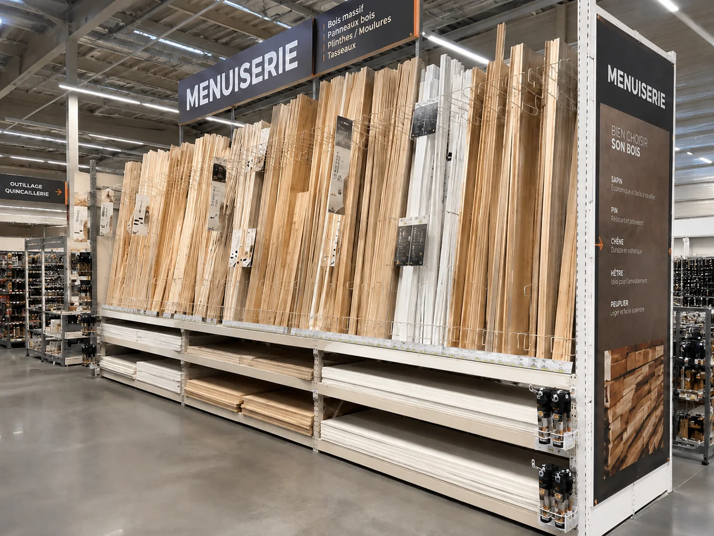 Rayon menuiserie avec racks de présentation pour moulures, tasseaux, panneaux et planches