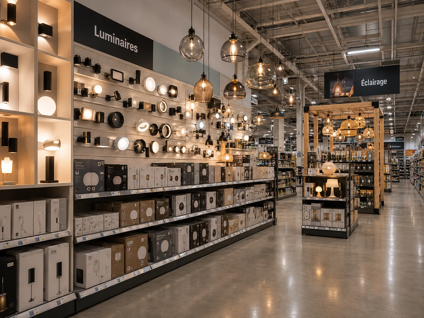 Espace showroom de luminaires avec éclairages muraux, suspensions et présentoirs spécialisés