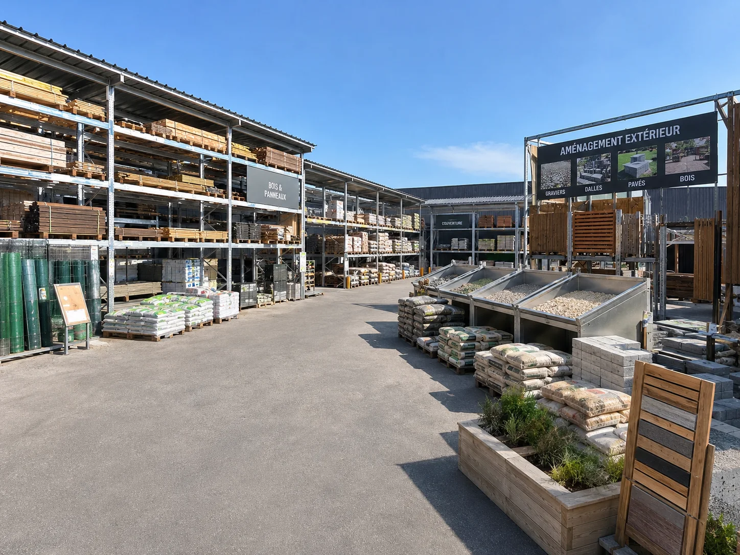 Cour matériaux extérieure avec palettiers, bois, charges longues et produits de construction en libre-service