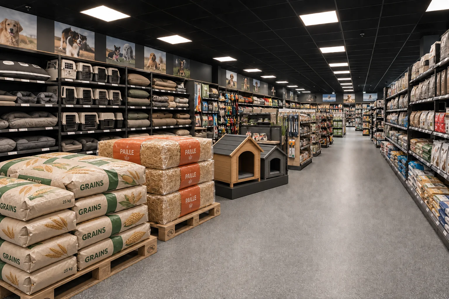 Rayon animalerie avec gondoles d’accessoires, rayonnages d’alimentation et produits volumineux sur palettes
