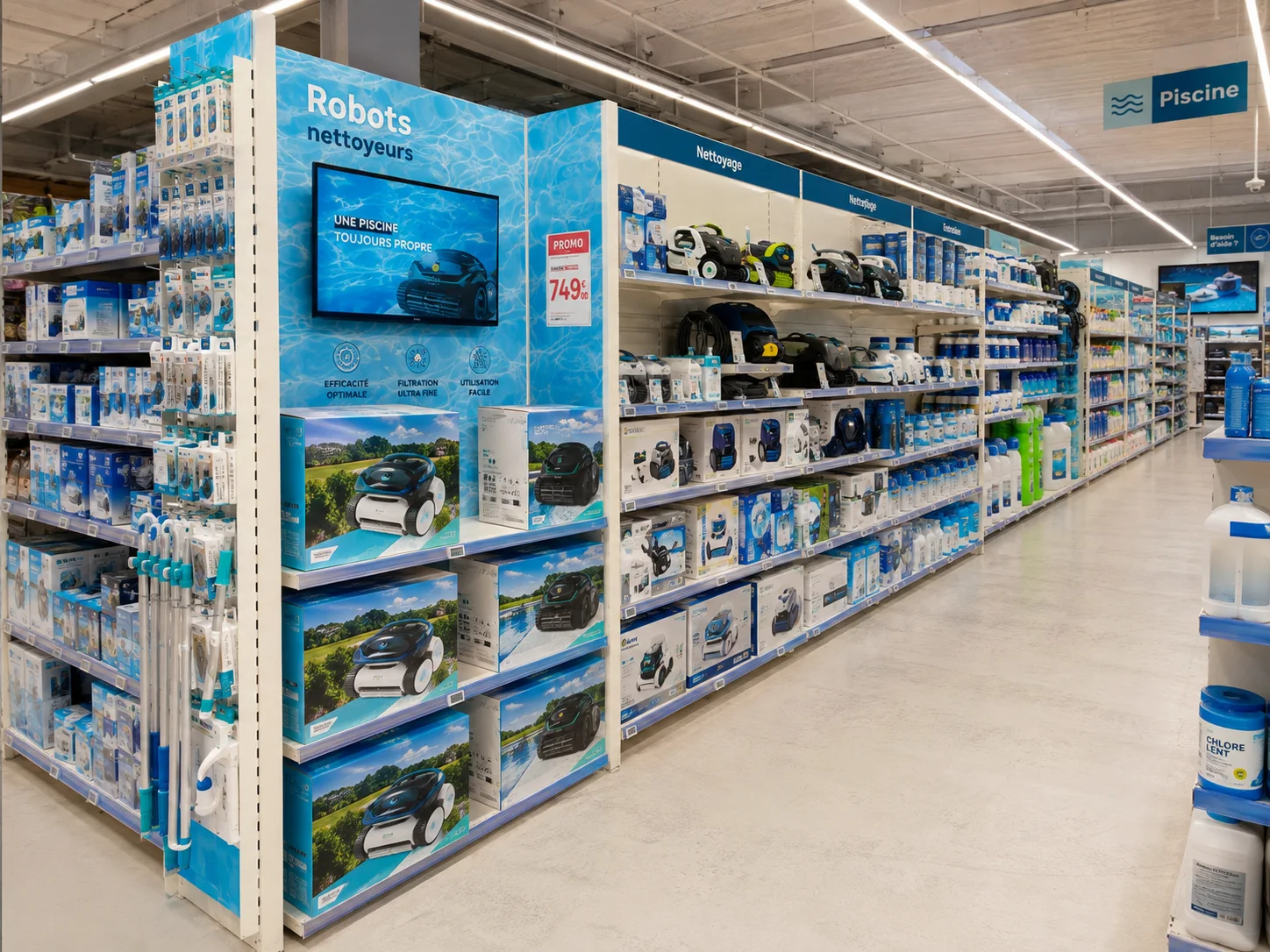 Rayon piscine avec gondoles pour accessoires, robots nettoyeurs et produits d’entretien