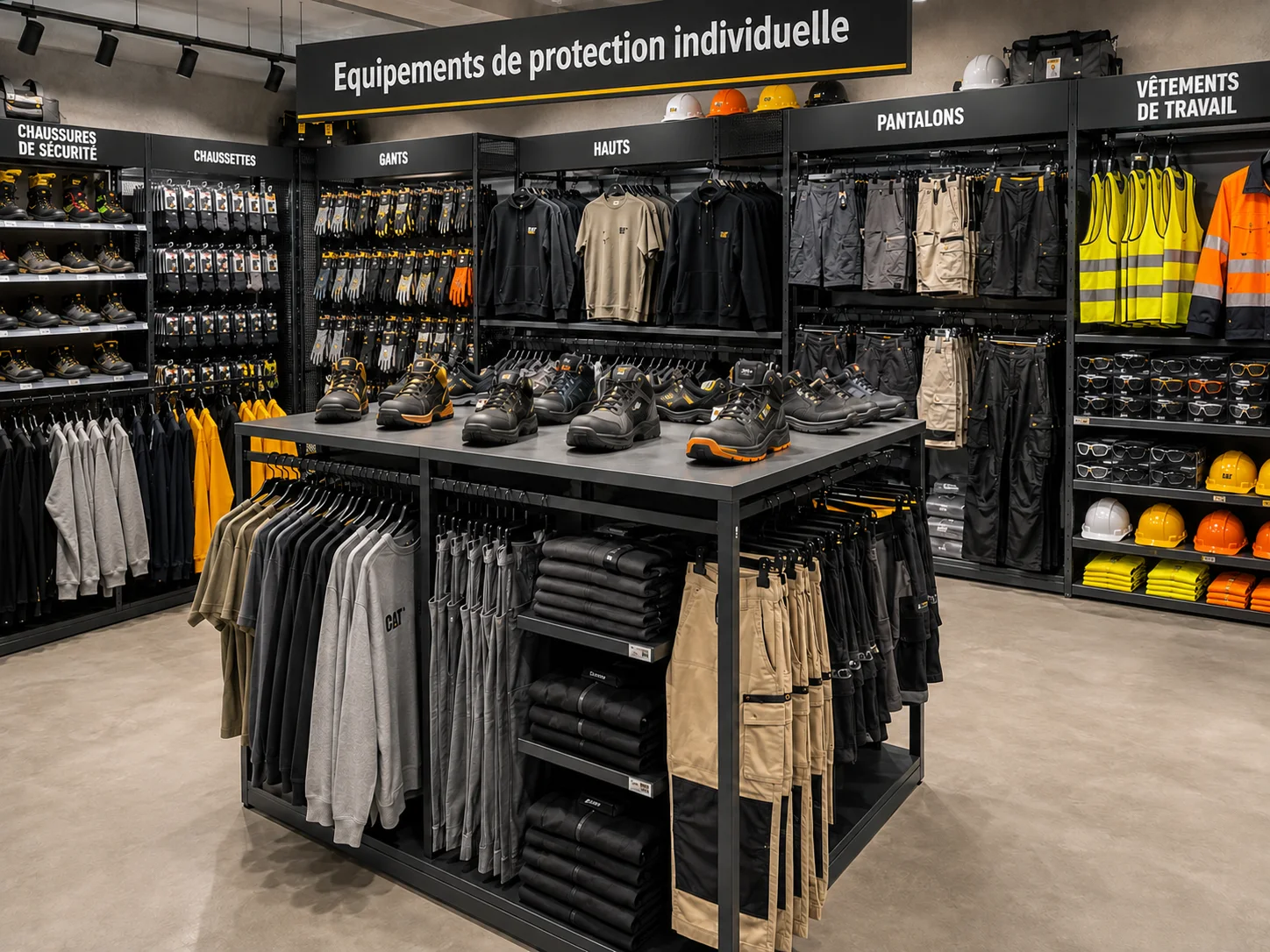 Rayon EPI et textile avec vêtements de travail, chaussures de sécurité, casques et accessoires de protection