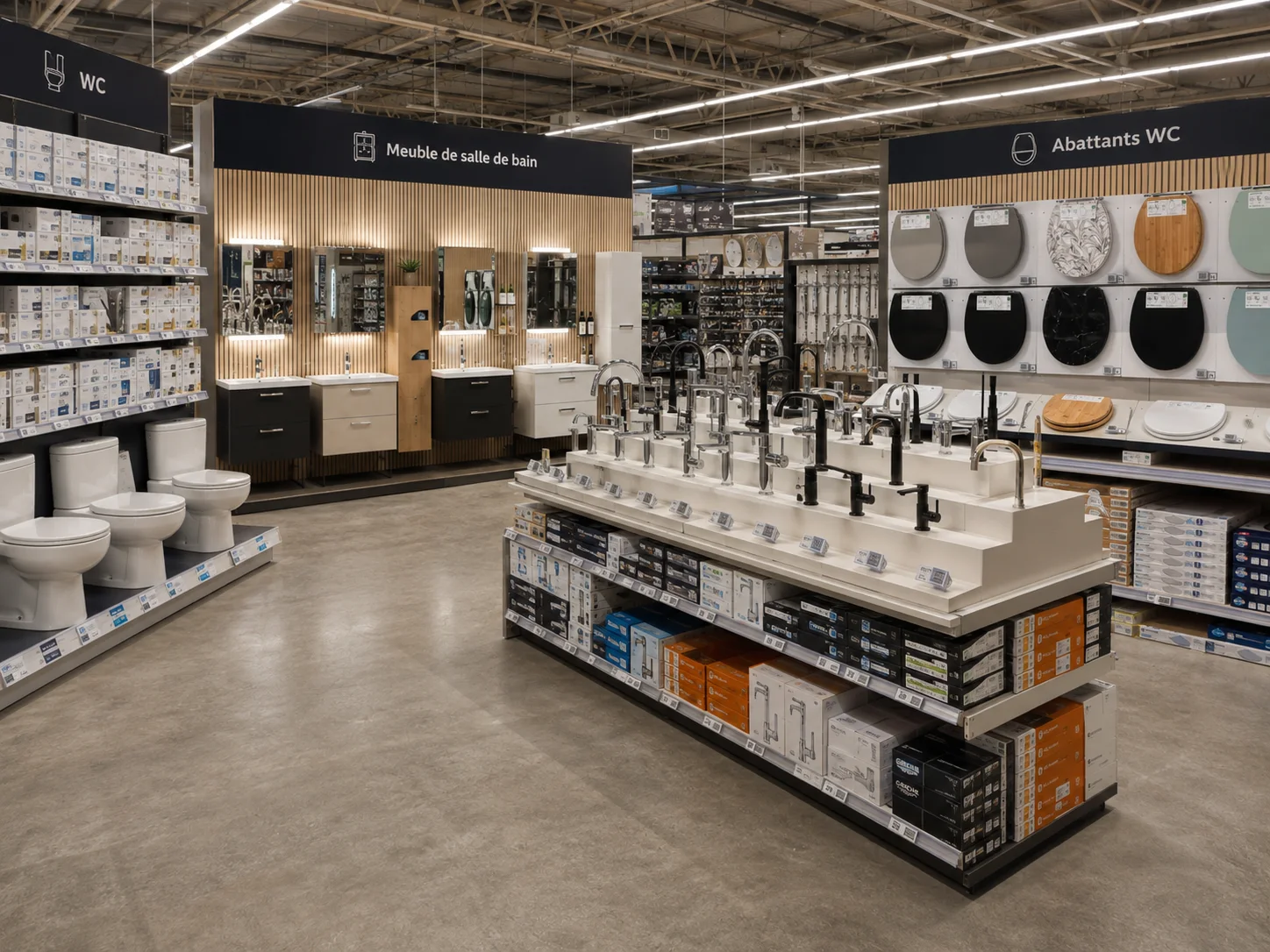 Showroom sanitaire avec meubles de salle de bains, robinetterie, WC et accessoires présentés en situation