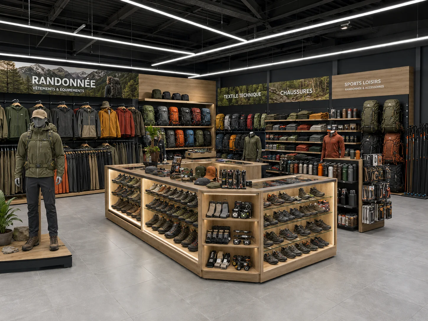 Rayon sport et loisirs avec podium, mannequin, chaussures, vêtements de randonnée et gondoles d’accessoires