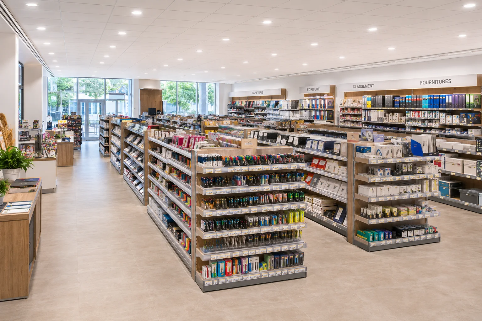 Rayon papeterie avec gondoles de cahiers, stylos, fournitures scolaires et accessoires de bureau