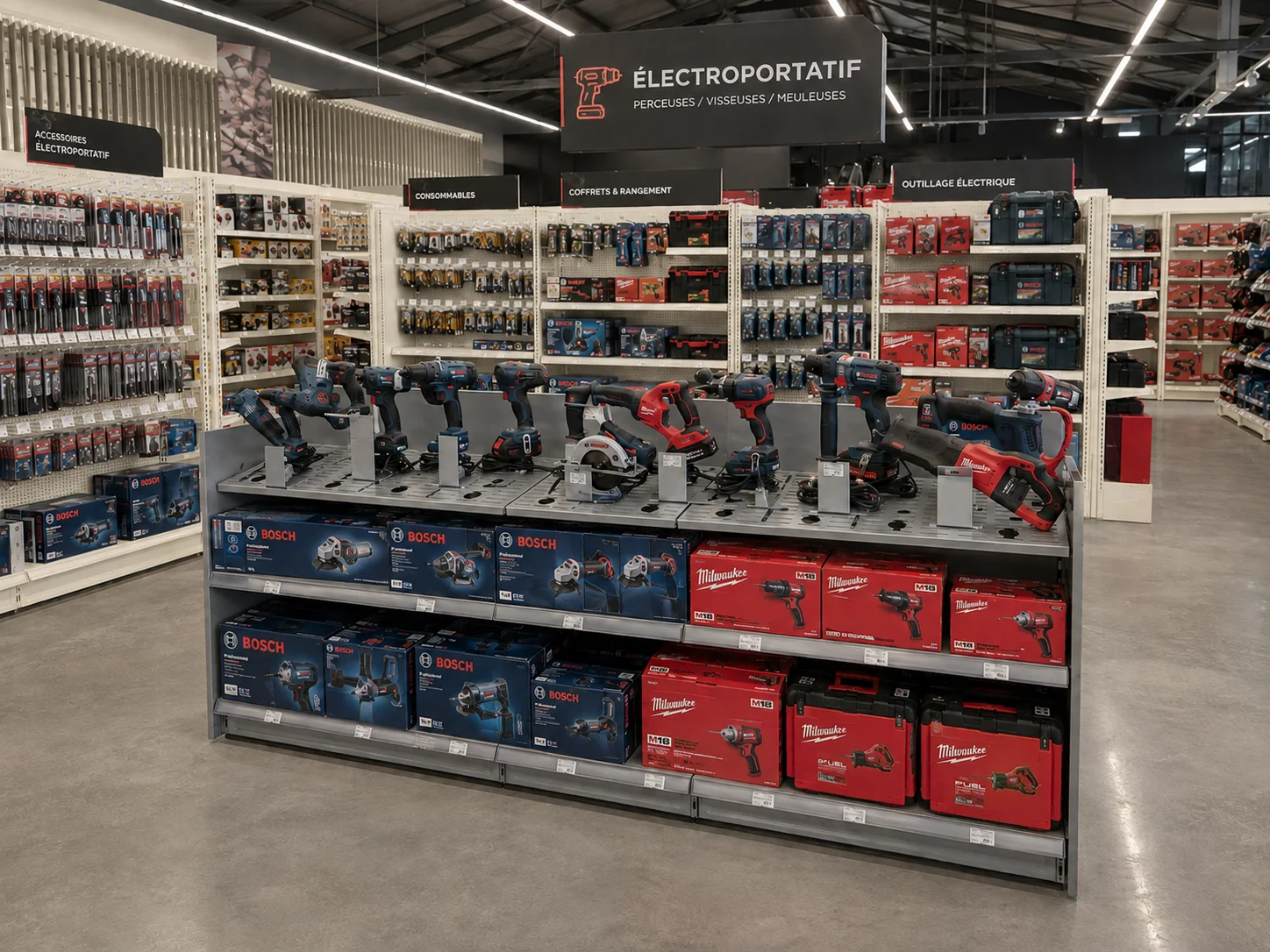Rayon outillage avec gondoles, fonds perforés et podium central pour équipements électroportatifs