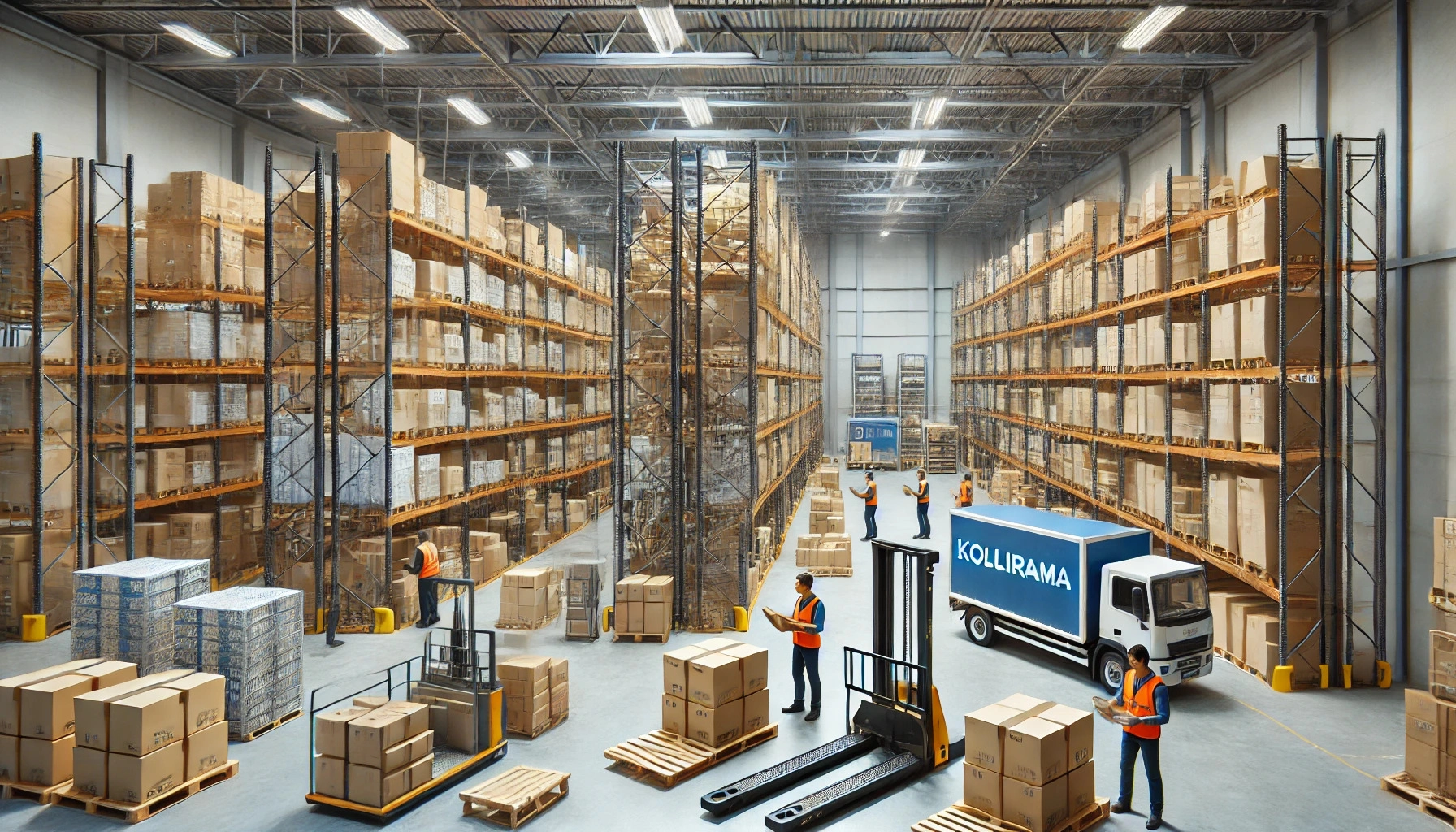 Une scène de vaste entrepôt industriel bien organisé, avec des systèmes de stockage variés. Des rayonnages robustes en métal et en bois sont alignés, contenant des produits et des cartons sur des racks à palettes, des cantilevers pour les articles longs, et des étagères de picking pour faciliter l'accès. Des plateformes et passerelles permettent une circulation fluide dans l’espace. Des travailleurs en équipements de sécurité, comme des gilets haute visibilité, manipulent les charges avec aisance, soulignant l'efficacité et la sécurité des installations. L'image reflète des solutions de stockage polyvalentes et durables, adaptées à divers besoins logistiques pour optimiser la capacité de stockage.