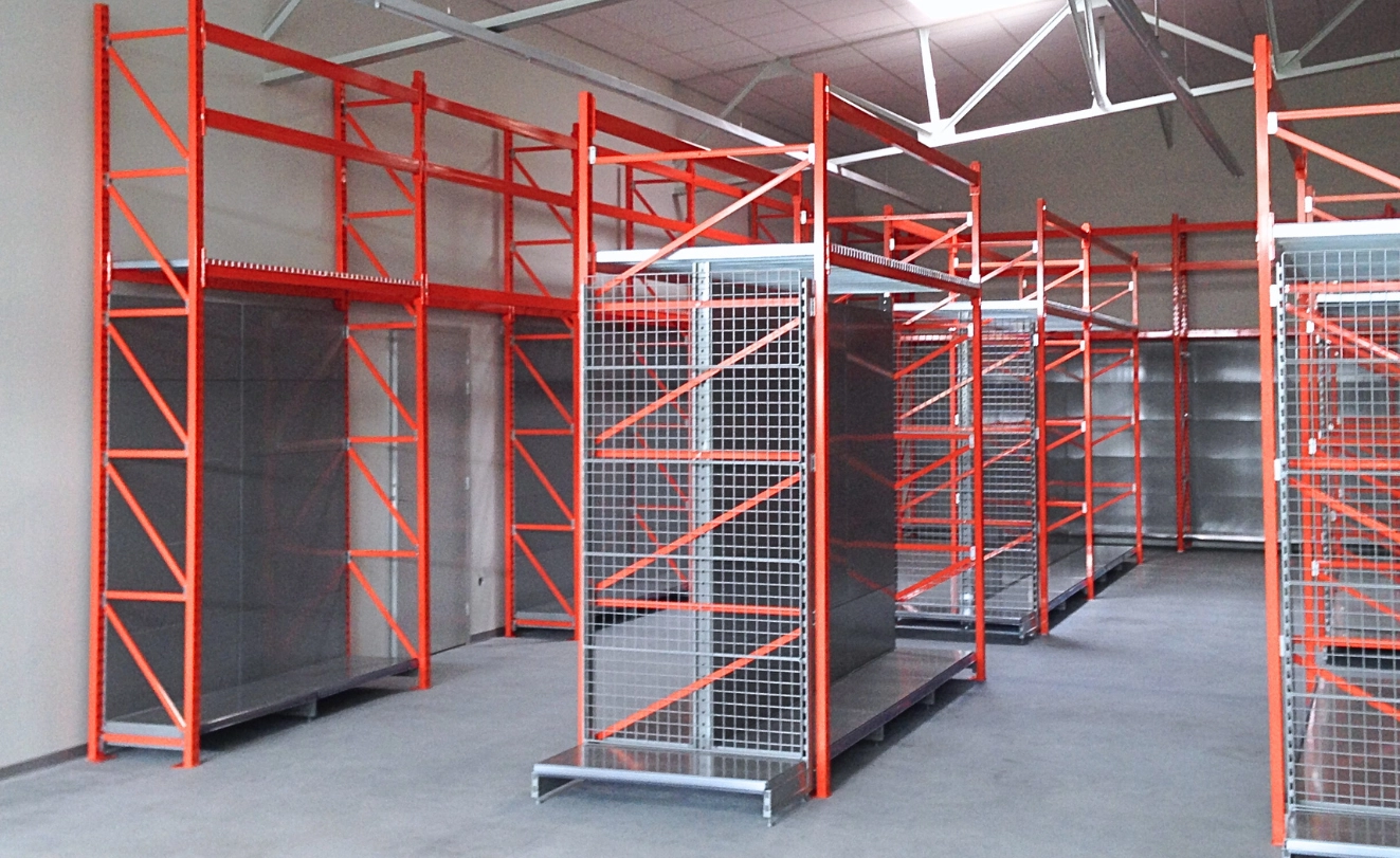gondole rack de magasin orange et gris clair